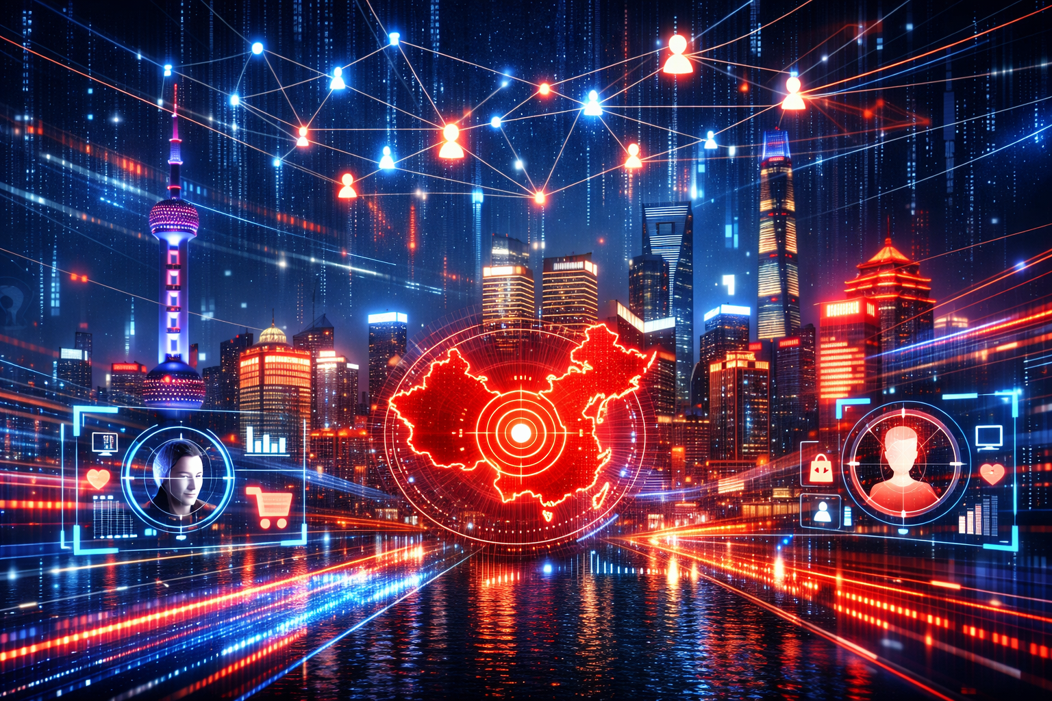 Shanghai skyline overlaid with AI network visualization, data nodes, and a glowing map of China — representing the fusion of digital infrastructure and consumer intelligence in China's precision marketing ecosystem.