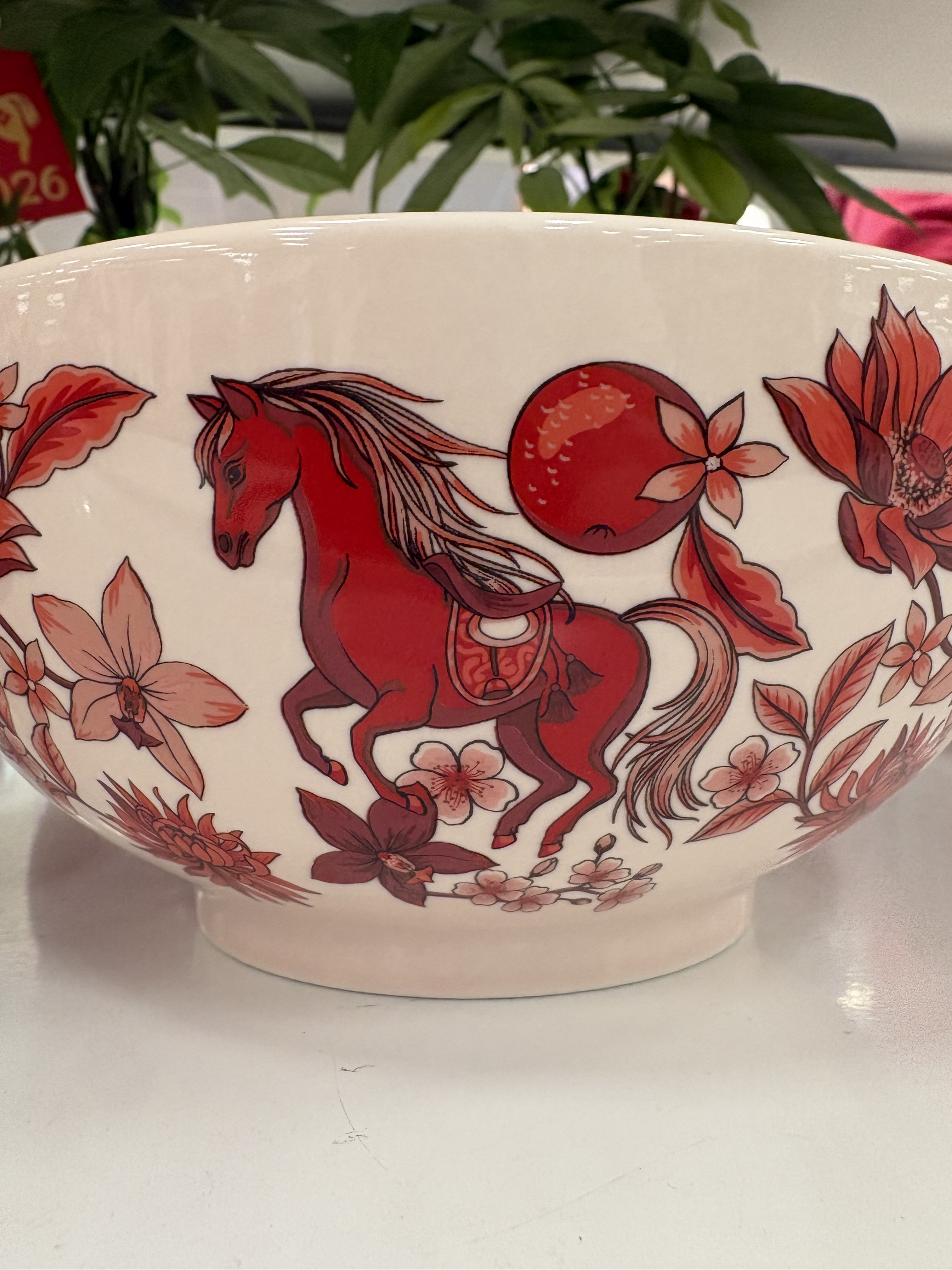 Gaiwan bowl detail - red horse and floral design